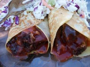 barbecue pulled pork roast in cornmeal crepes