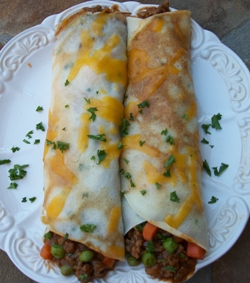 cheesy potato crepes filled with ground beef, peas and carrots