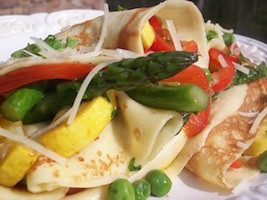 asparagus, squash, red pepper and peas in a crepe