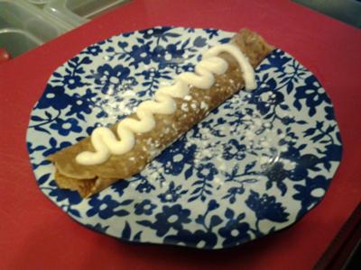Cinnamon Roll Crepe made with real vanilla bean icing