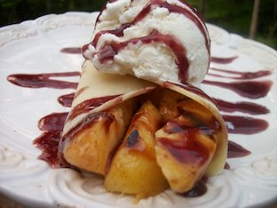 grilled peach melba in crepes