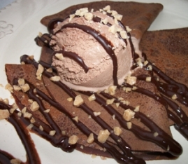 Mocha Crepes with Ice Cream, Chocolate Sauce and Toffee Sprinkles