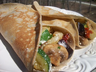 Sautéed Eggplant, Zucchini and Mushrooms Rolled up in Warm Buckwheat Crepes