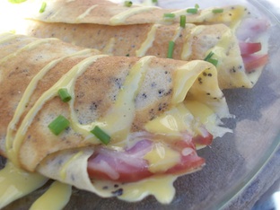 poppyseed crepes filled with leftover ham and honey mustard dressing