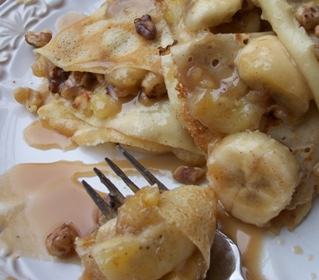 Caramel Sauce Over Banana and Walnut Crepes