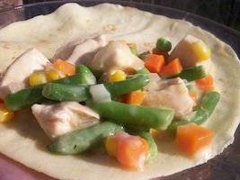 chicken pot pie crepe filling on whole crepe